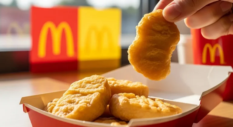 Home 5 6 pc McNugget nutrition facts - golden crispy chicken nuggets in red container with one held showing breaded texture