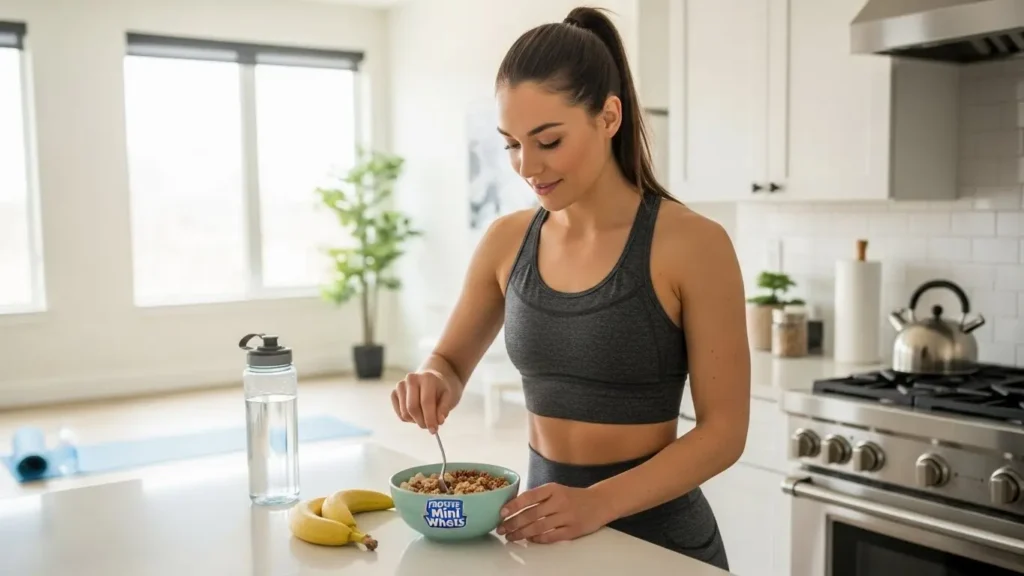Athletic woman preparing Frosted Mini Wheats post-workout snack in bright kitchen with yoga mat in background