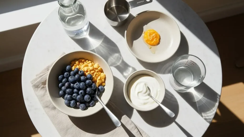 Balanced breakfast with Frosted Mini Wheats yogurt and measuring cup for blood sugar management and portion control