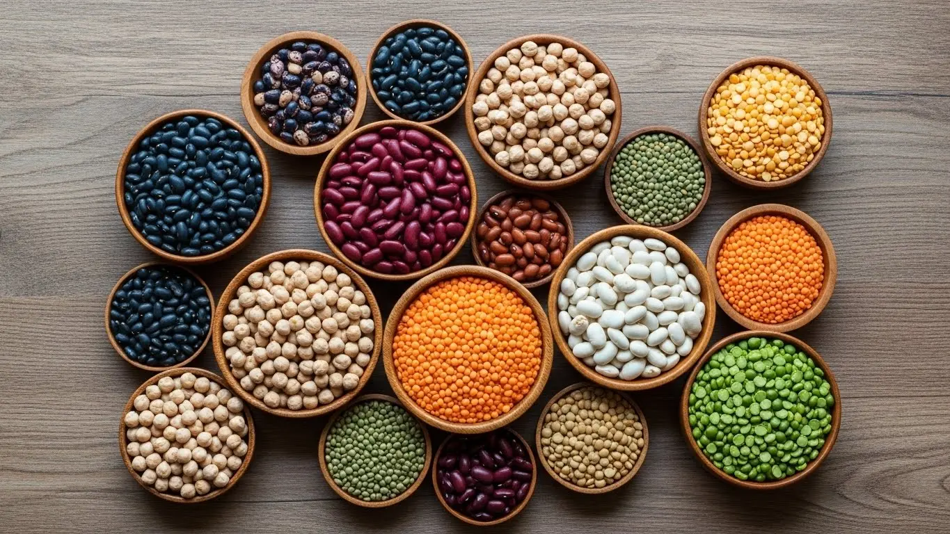 Complete beans nutrition guide showing variety of legumes including black beans, lentils, chickpeas and kidney beans