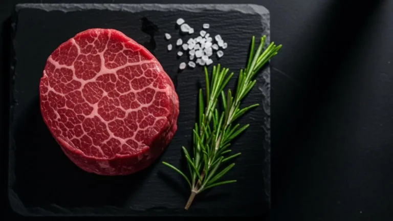 Premium raw beef filet mignon steak on dark slate board with rosemary and sea salt