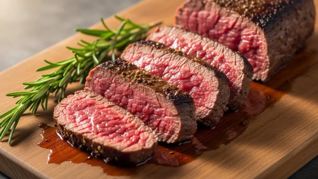 Meat & Protein Nutrition Facts Database 2 Sliced lean beef tenderloin showing optimal preparation.