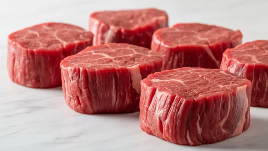 Raw filet mignon steaks on marble surface showing lean muscle texture and minimal fat marbling
