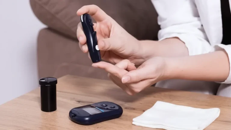 Woman performing finger prick blood glucose test at home with glucometer on table