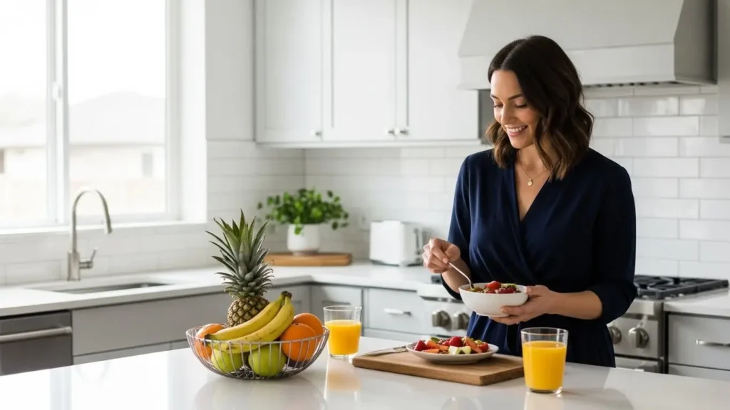 A person preparing a healthy morning meal to manage breakfast calories and nutrition.