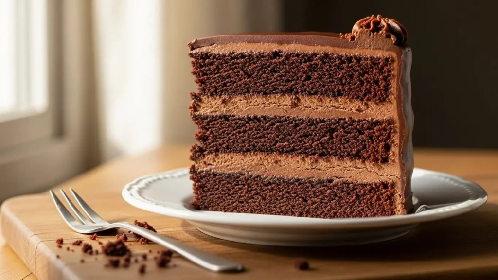 Multi-layer chocolate cake slice showing high-calorie baked dessert nutrition with sugar and fat
