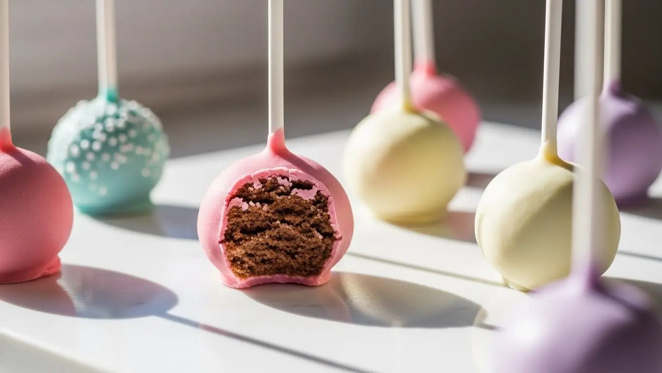 Cake pop nutrition facts guide showing colorful cake pops with smooth candy coating on marble surface
