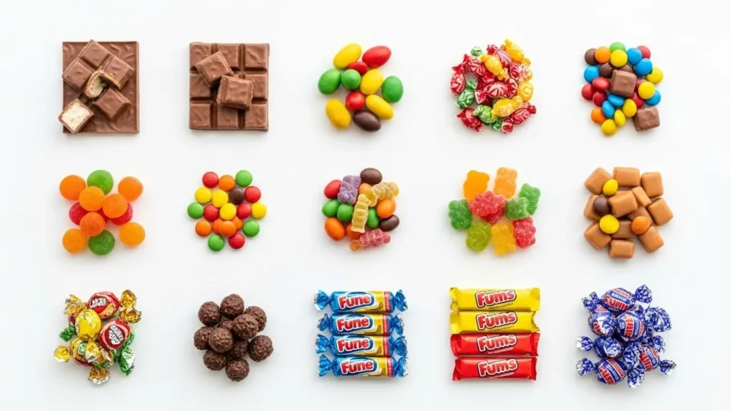 Assorted candy varieties including chocolate bars and gummy candies showing diverse candy nutrition profiles