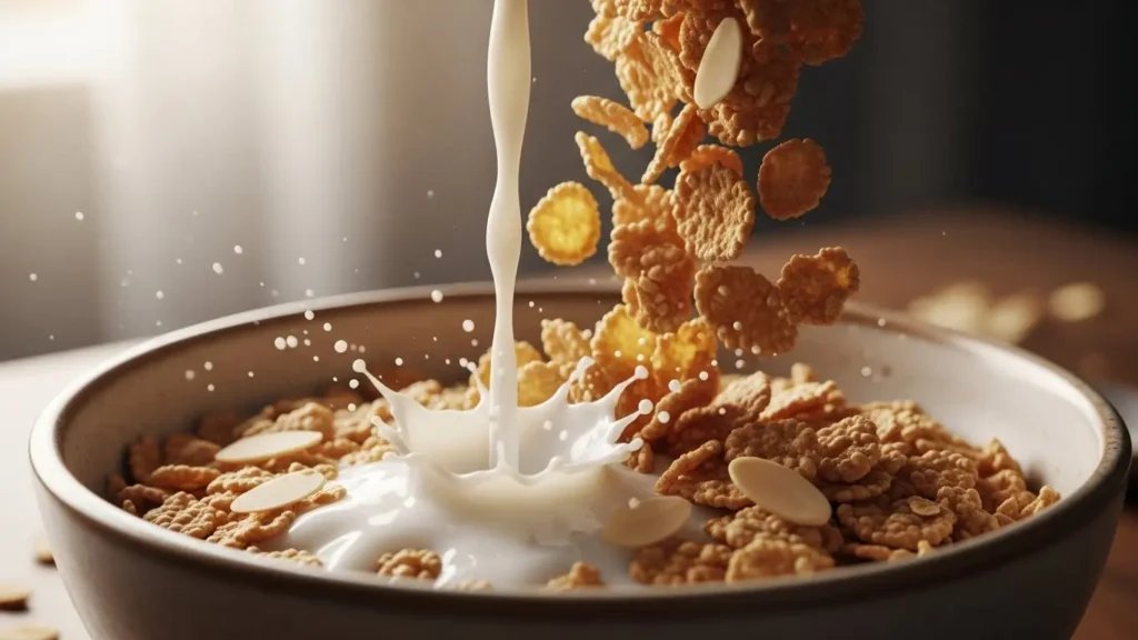 Close-up of milk being poured into a bowl of whole grain cereal for cereals nutrition analysis.