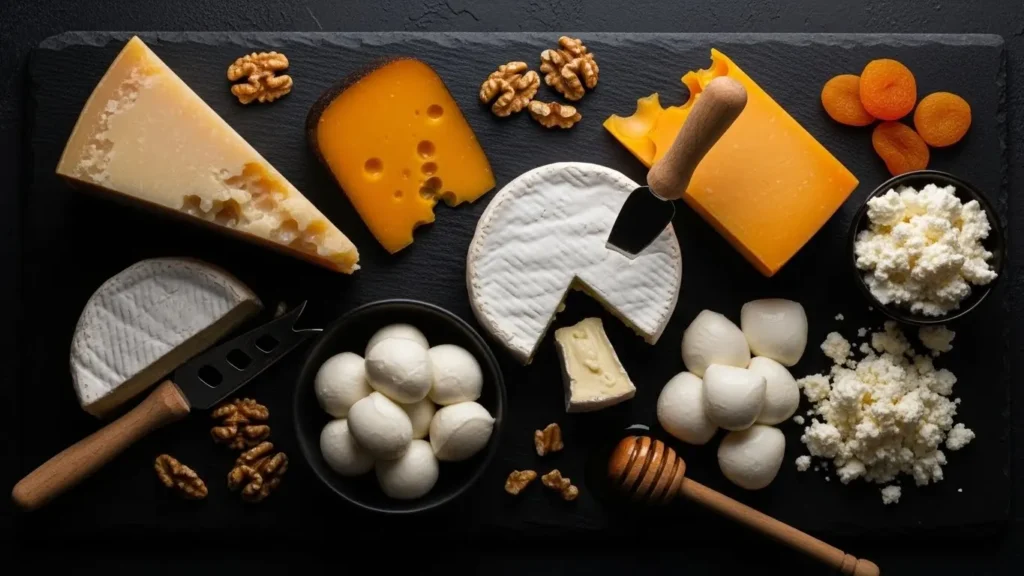Dairy Products Nutrition: Complete Database 4 Artisanal cheese board featuring aged parmesan, brie, cheddar, mozzarella, feta and ricotta showcasing cheese nutrition variety and protein density differences