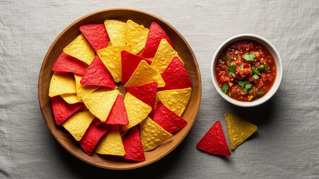 Colorful tortilla chips in bowl showing chip nutrition and processing impact on calorie and fat content