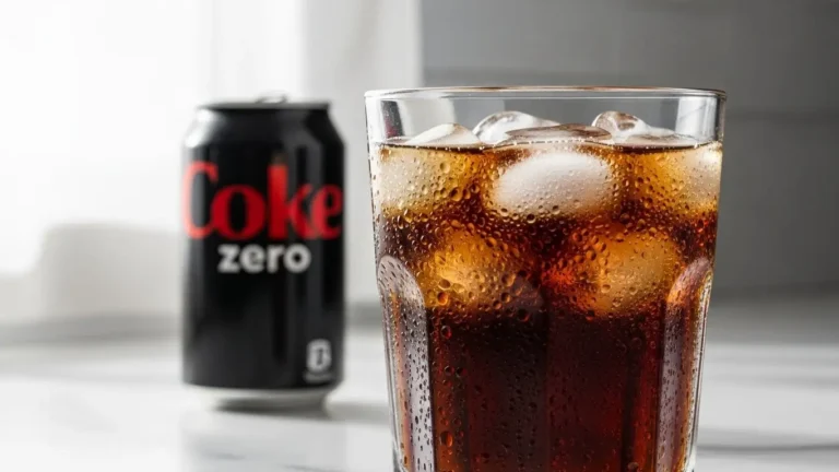 Glass of Coke Zero with ice cubes and condensation droplets on modern kitchen countertop