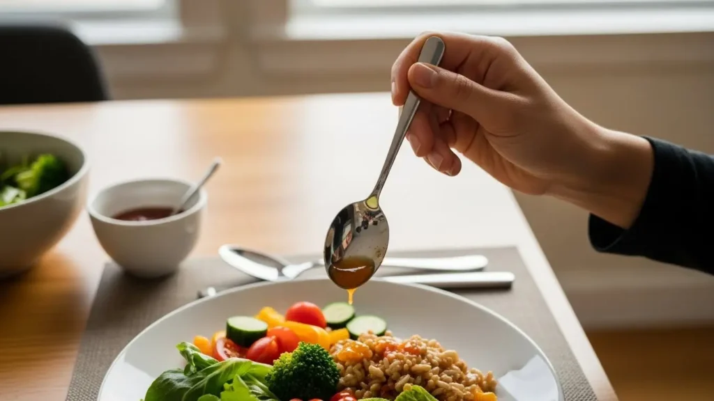 Mindful condiment portioning showing condiment nutrition facts and portion control for healthy eating