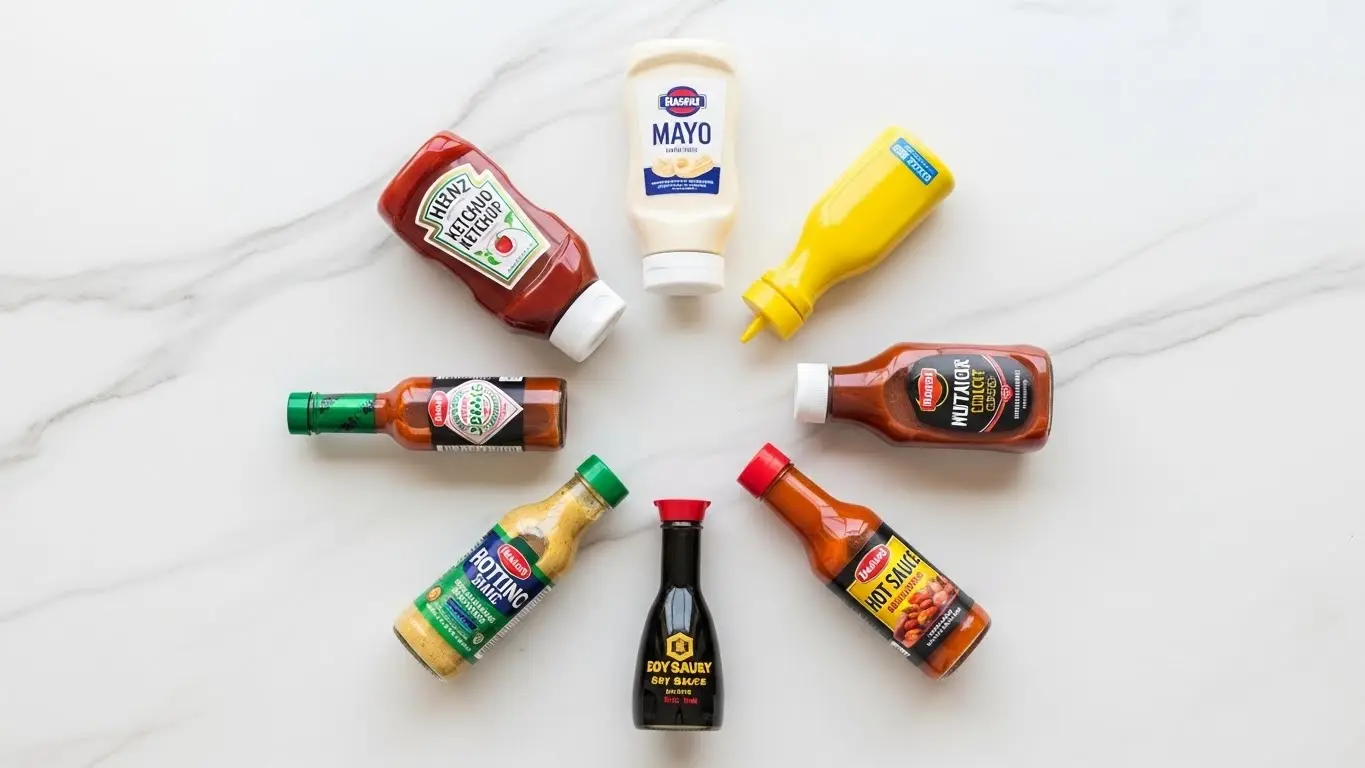 Complete condiment nutrition guide showing ketchup, mayo, mustard, hot sauce and salad dressings