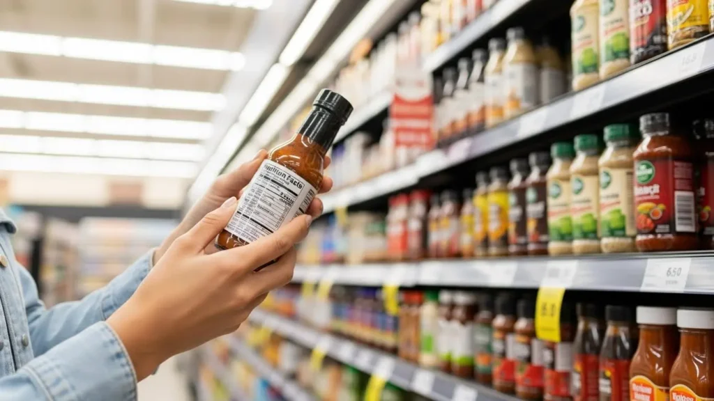 Reading condiment labels in store showing practical condiment nutrition management and informed choices