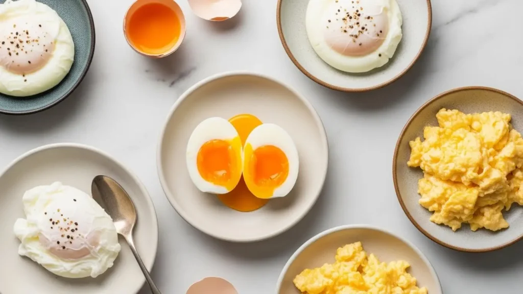 2 Eggs Nutrition Info: Complete Scientific Analysis 2 Various egg cooking methods displayed on marble showing soft-boiled poached and scrambled preparations