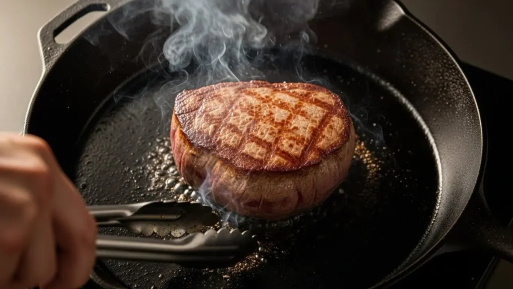 Filet mignon searing in cast iron skillet with golden Maillard crust forming and aromatic smoke