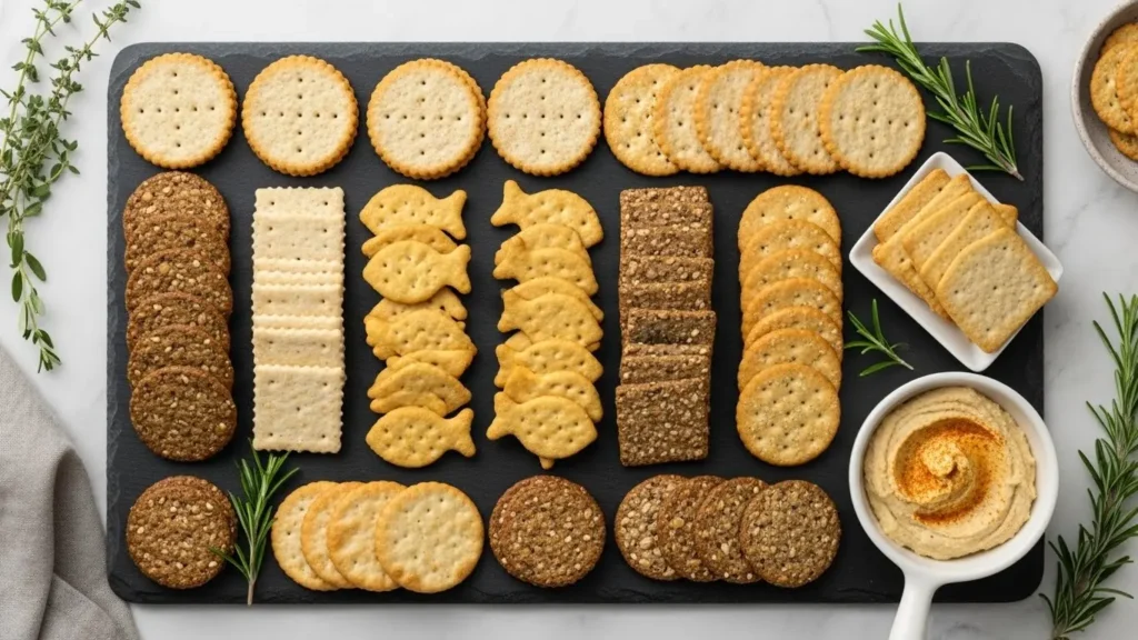 Assorted cracker varieties on serving board showing cracker nutrition across different types and brands