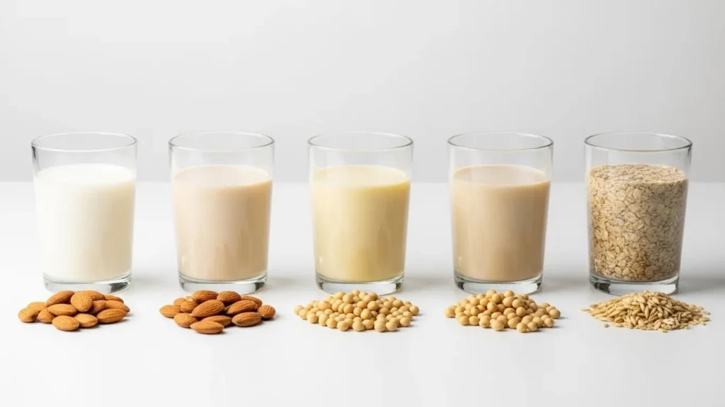 Dairy Products Nutrition: Complete Database 6 Side-by-side comparison of dairy milk and plant-based alternatives including almond, soy and oat milk showing color differences and dairy nutrition facts variations