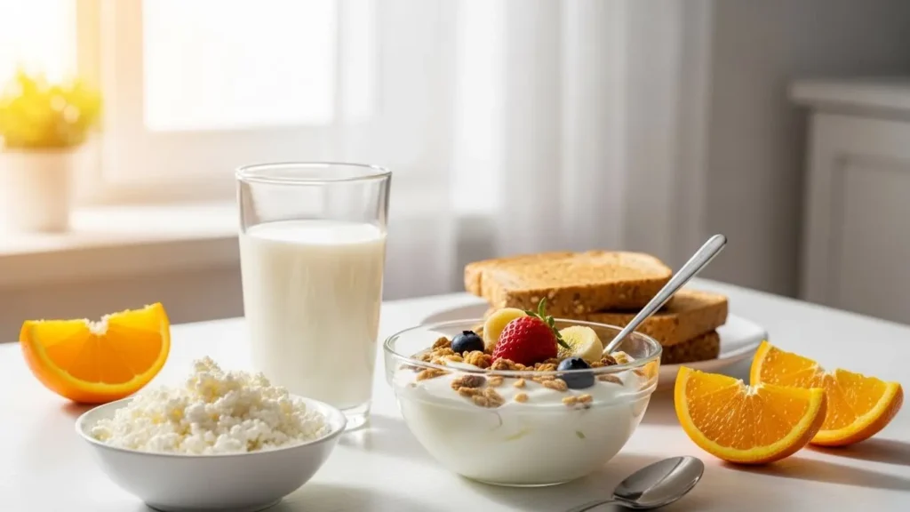 Dairy Products Nutrition: Complete Database 7 Healthy balanced breakfast featuring dairy nutrition essentials including milk glass, greek yogurt bowl and cottage cheese for bone health and protein intake