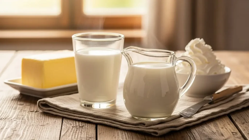 Dairy Products Nutrition: Complete Database 5 Fresh dairy products including heavy cream pitcher, half-and-half glass, golden butter pat and whipped cream showcasing cream-based dairy nutrition