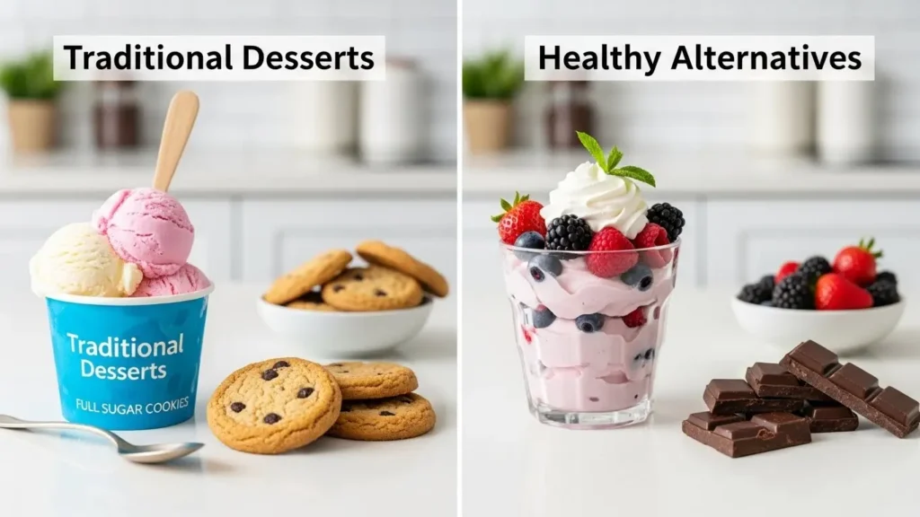 Comparison of traditional desserts and healthier alternatives showing lower-calorie dessert nutrition options