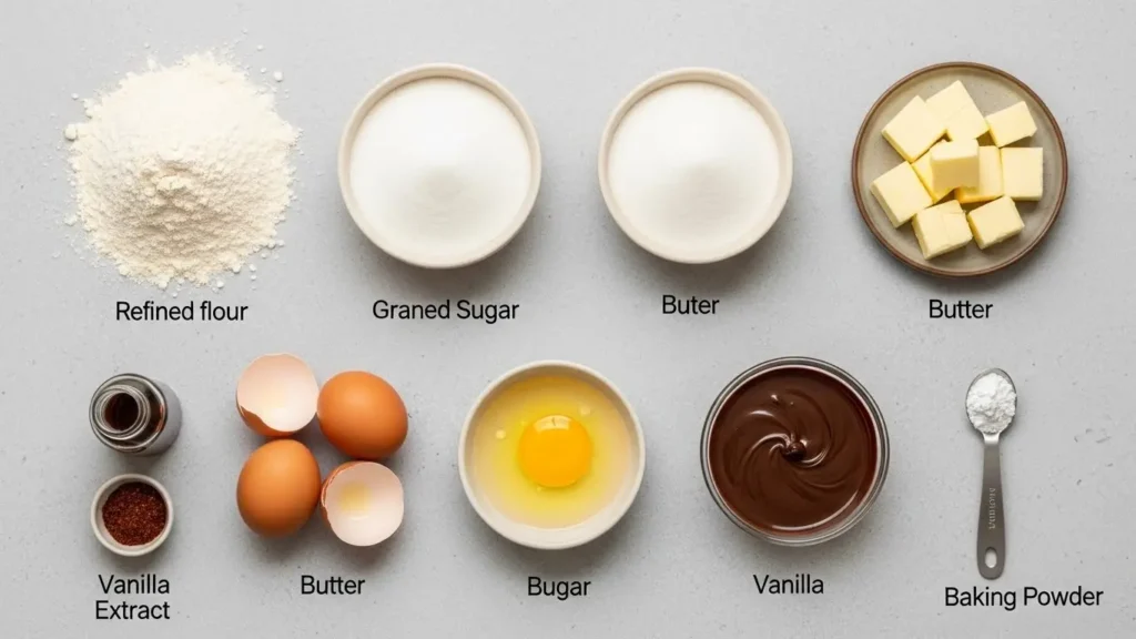 Baking ingredients including flour, sugar, butter, and chocolate showing dessert nutrition components
