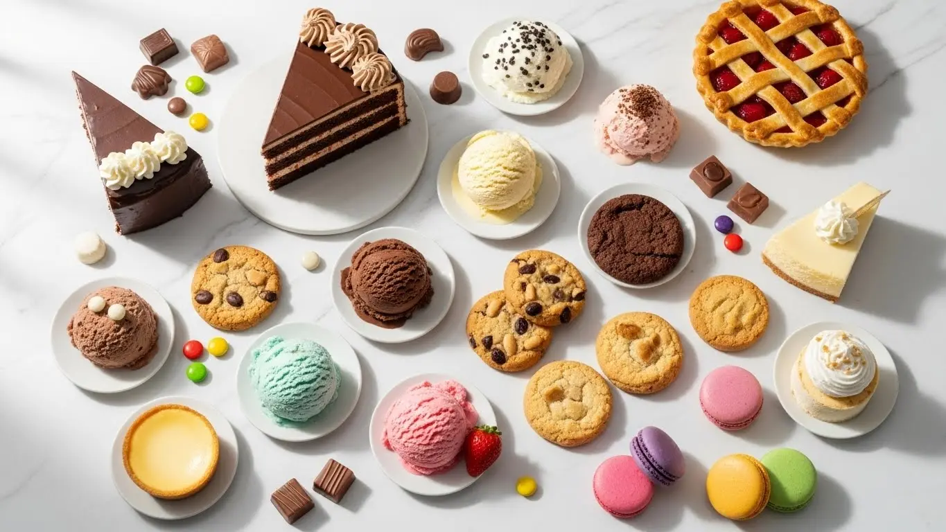 Variety of desserts including cake, ice cream, candy, and pie showing diverse sweet nutrition profiles