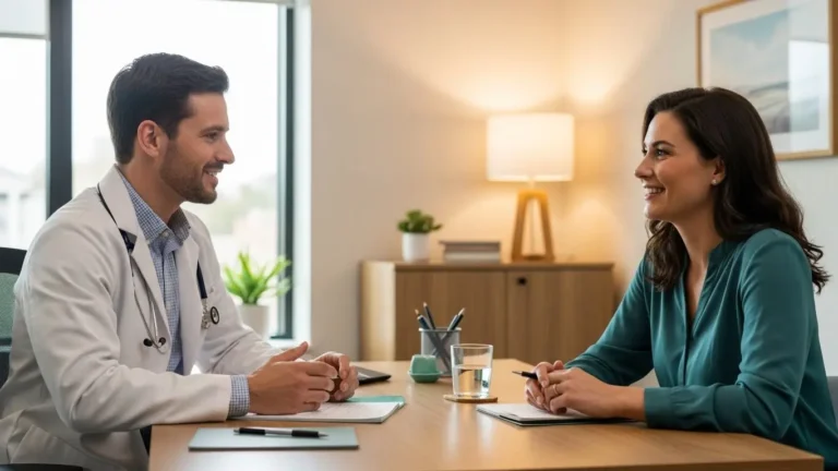 Healthcare professional consulting with patient about dietary choices and carbohydrate management in modern office