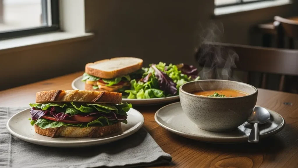 Restaurant Chain Nutrition Guide 6 Bakery café meal with sandwich, soup and salad showing dining out nutrition at fast-casual chains