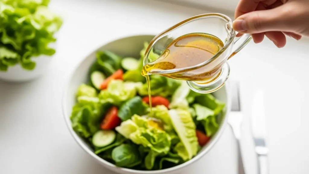 Pouring vinaigrette on salad showing dressing nutrition with healthier oil-based options