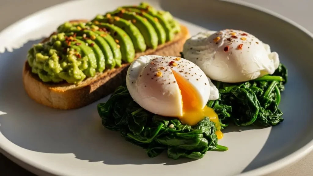 Two poached eggs on avocado toast illustrating high-quality egg nutrition and protein.