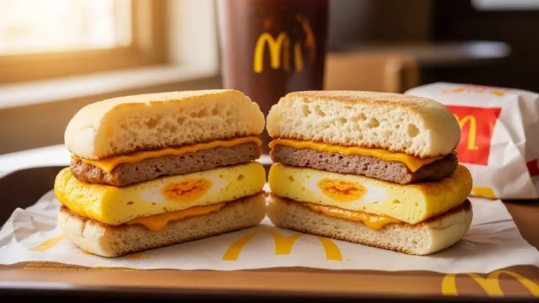 McDonald's Sausage McMuffin with Egg cut in half showing egg sausage and cheese layers on English muffin