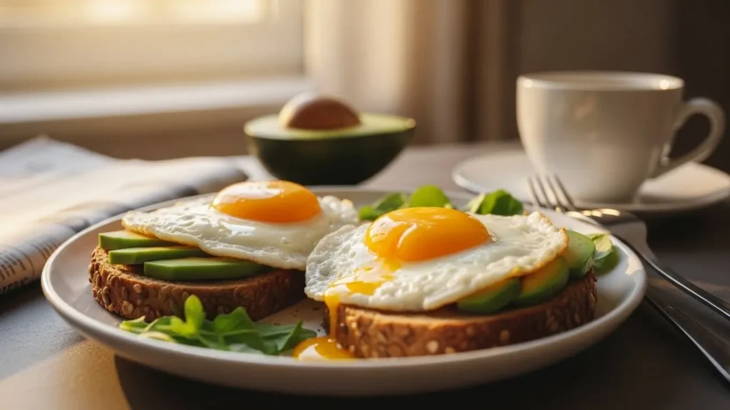 2 Eggs Nutrition Info: Complete Scientific Analysis 3 Healthy breakfast with two sunny-side-up eggs on whole grain toast with avocado and fresh greens