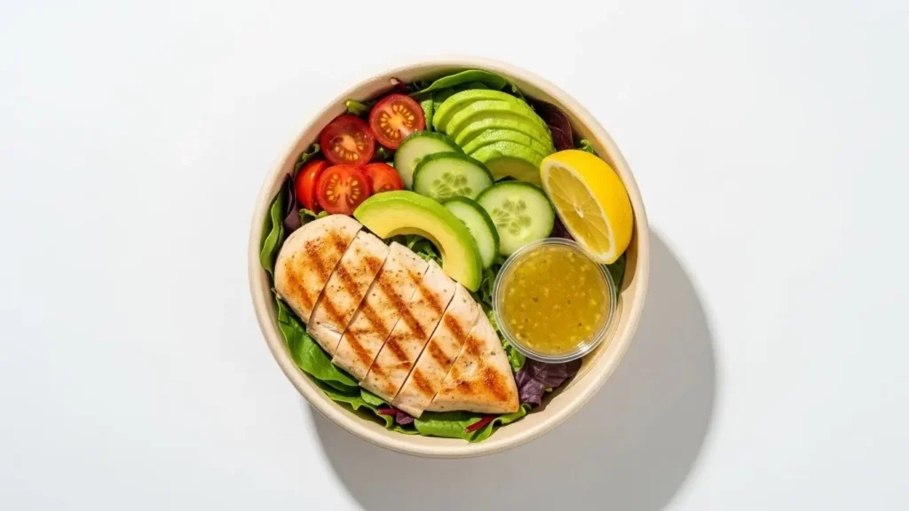 Fast Food Nutrition Facts: Complete Guide 7 Grilled chicken salad bowl with fresh vegetables representing fast food nutrition facts for special diets and dietary restrictions
