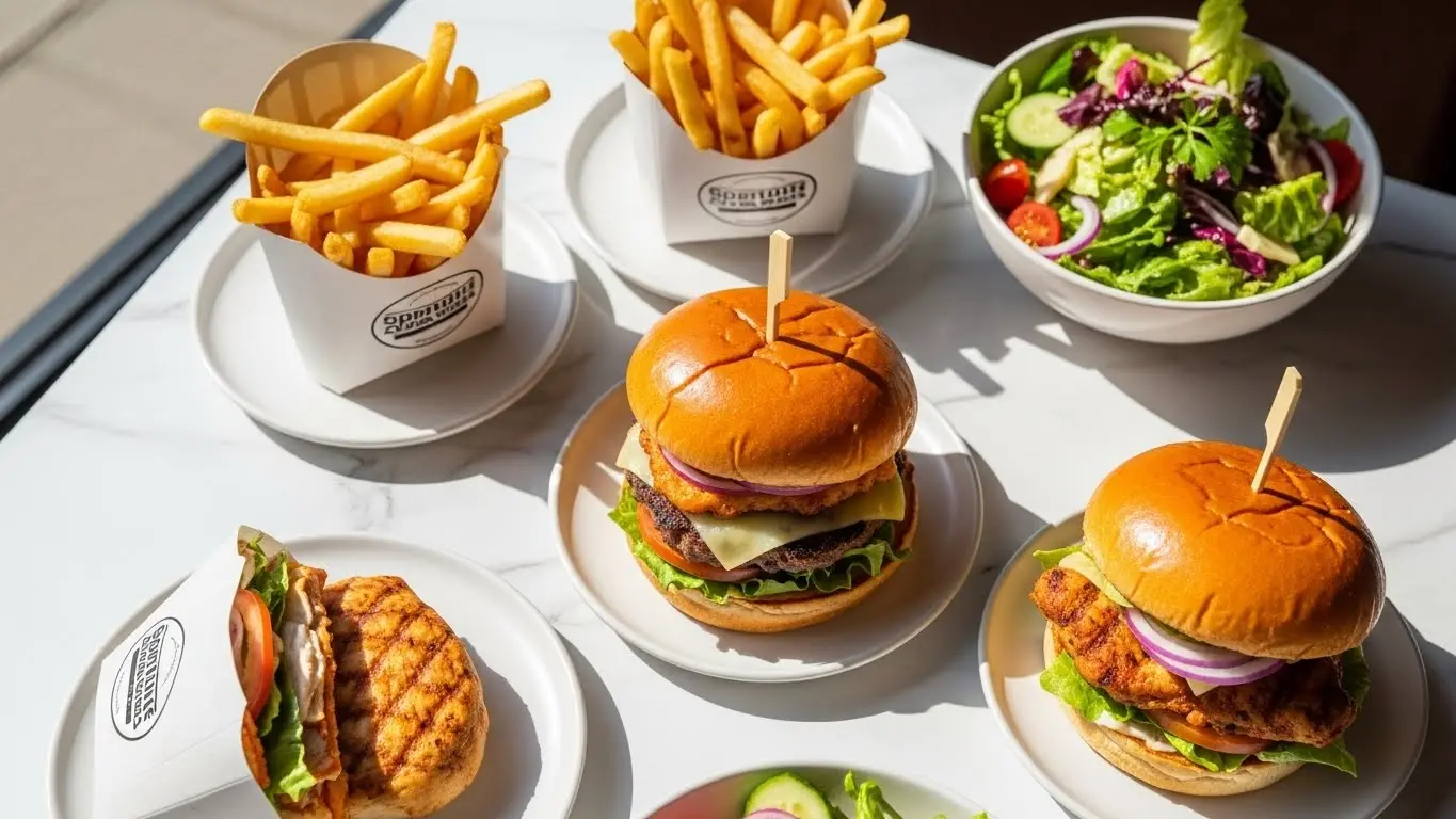 Fast Food Nutrition Facts: Complete Guide 1 Fast food meal assortment including burger, fries and chicken sandwich on modern table, illustrating the complete fast food nutrition facts guide