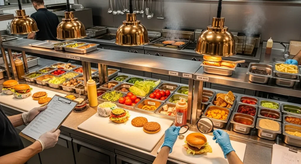 Fast food nutrition industry kitchen preparation area with stainless steel surfaces professional setting