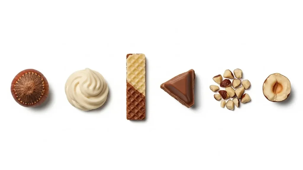 Deconstructed Ferrero Rocher showing ingredients: hazelnut, chocolate, wafer, and creamy filling