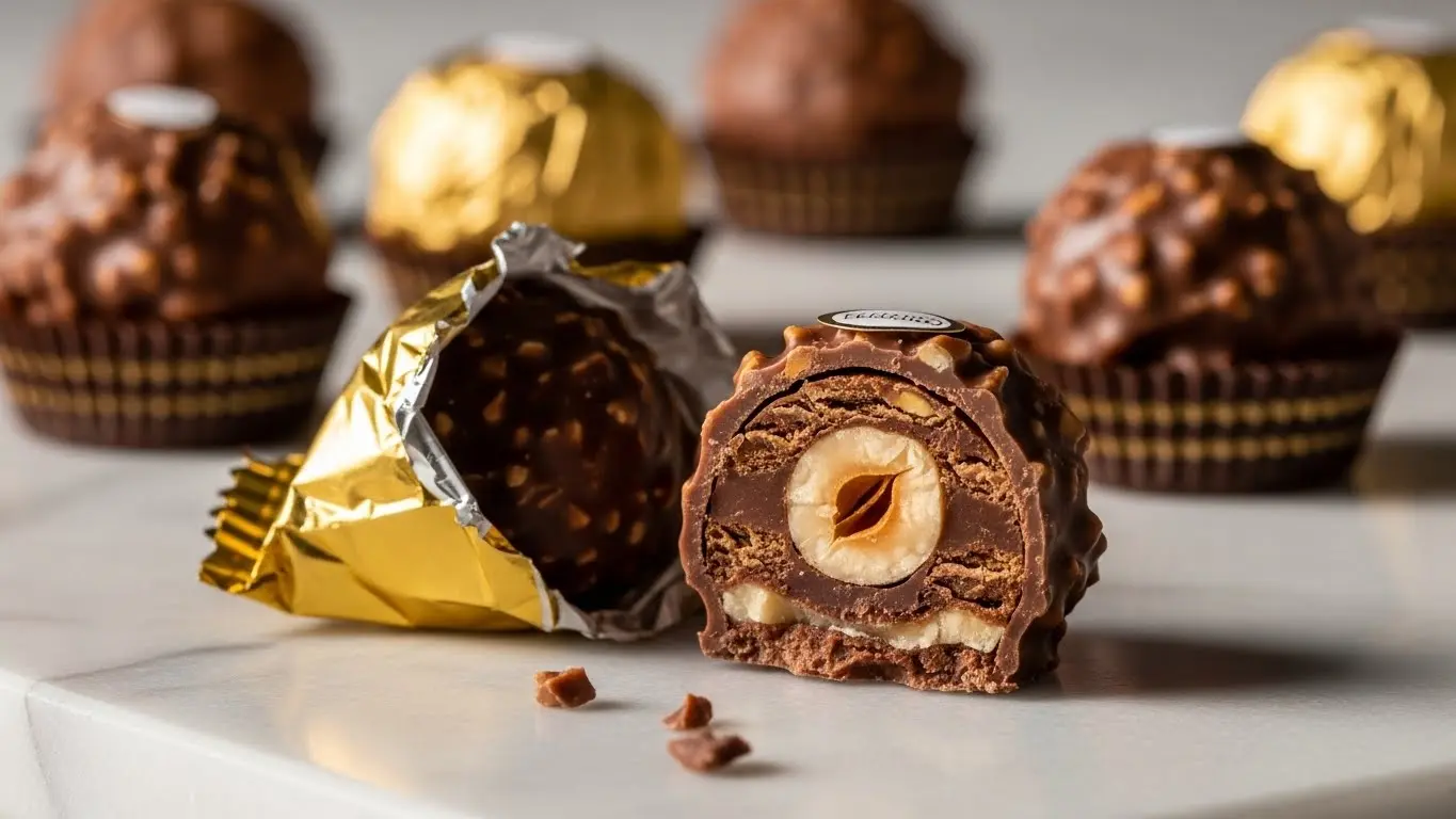 Ferrero Rocher nutrition facts guide showing unwrapped chocolate with hazelnut center and golden wrapper