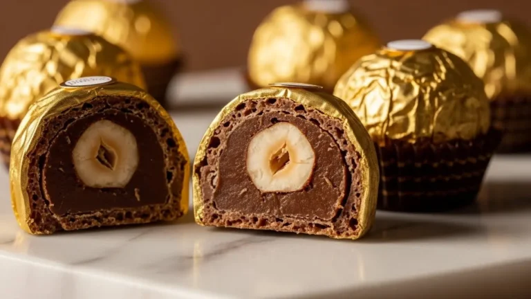 Home 6 Ferrero Rocher chocolate pralines showing hazelnut center, wafer layers and creamy filling - complete nutrition information guide