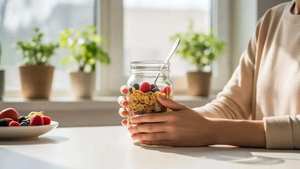 Hands holding mason jar with high-fiber Frosted Mini Wheats and berries on bright kitchen table for digestive health