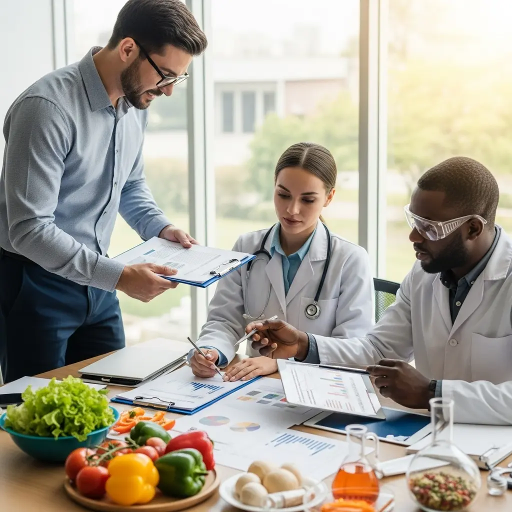 Registered Dietitians and Food Scientists at Food Nutrition Facts Food Nutrition Facts expert nutrition team collaborating with fresh vegetables, nutrition charts, and verified USDA data in professional laboratory setting