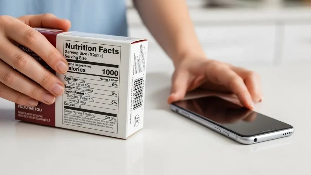 Frozen Foods Nutrition Facts Guide: Complete Analysis of Meals, Pizza & Vegetables 2026 8 Consumer reading frozen food nutrition label showing serving size and sodium content awareness