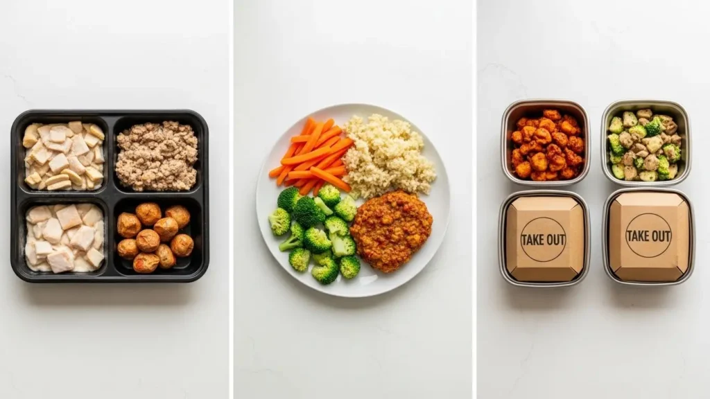 Frozen Foods Nutrition Facts Guide: Complete Analysis of Meals, Pizza & Vegetables 2026 7 Comparison of frozen meal, homemade fresh meal, and restaurant takeout showing nutrition differences