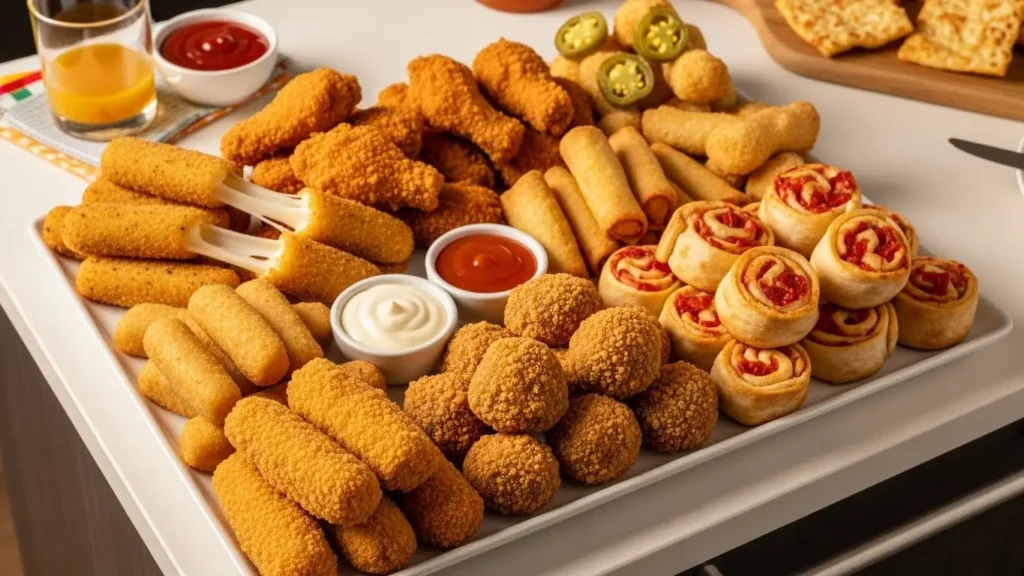 Frozen Foods Nutrition Facts Guide: Complete Analysis of Meals, Pizza & Vegetables 2026 6 Assorted frozen appetizers showing party food with high-calorie high-fat nutrition profiles