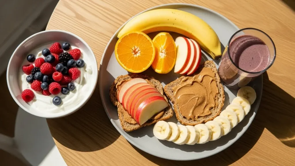 Healthy balanced meal with fresh fruits integrated showing practical fruit nutrition in daily dietary context