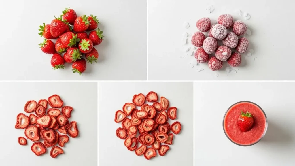 Comparison of fresh, frozen, dried fruit and juice showing different processing effects on fruit nutrition