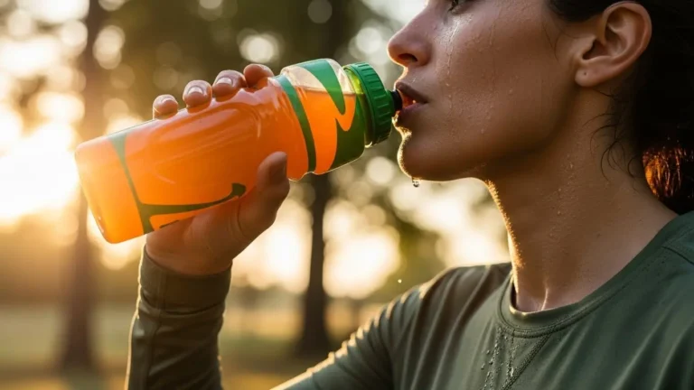 Athlete drinking sports drink during outdoor running workout showing hydration importance