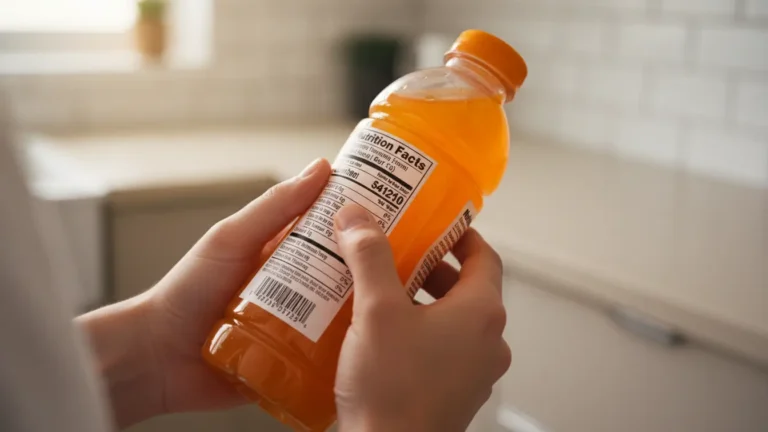 Person examining nutrition facts label on orange sports drink bottle in kitchen setting