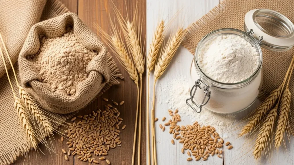 Whole wheat flour versus refined white flour showing grain nutrition facts differences in processing
